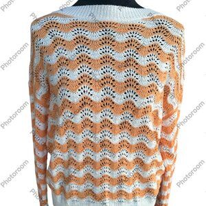 Loft Small Orange & White Loose Weave Wavy Stripe Long Sleeve Sweater